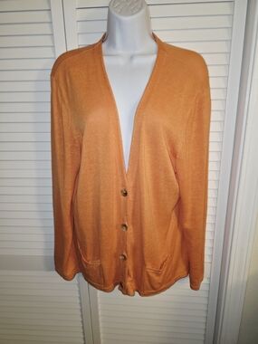 Women's J. Jill XL Coral Orange Lightweight Knit Button Up V-Neck Cardigan